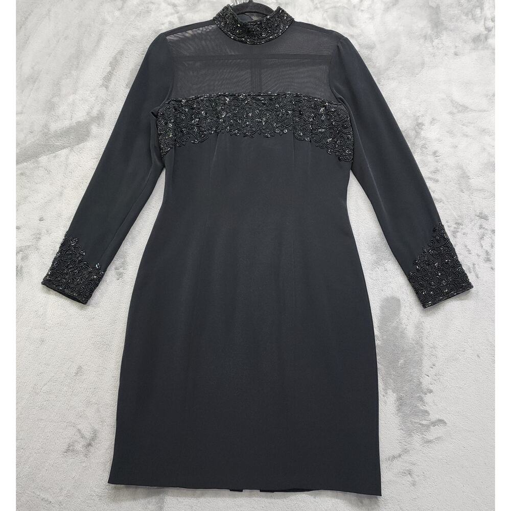 Vintage 90s Oleg Cassini Black Tie Dress‎ Size 8 Black Sheer Beaded Cocktail